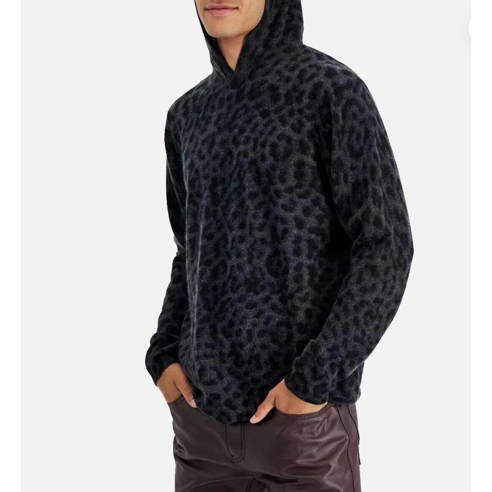NEW INC Cashmere Blend Hoodie Mens Medium Deep Black New Animal Print Pullover